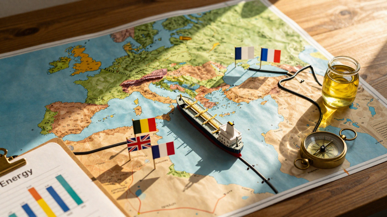 Weltkarte mit Miniaturfrachtschiff, Länderflaggen, Kompass und Glas mit Flüssigkeit auf Holztisch.