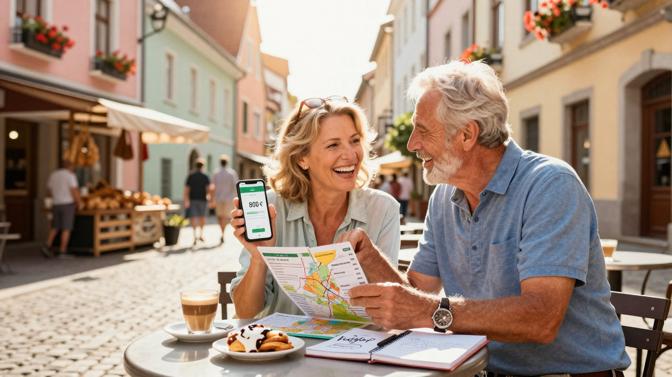 Älteres Paar sitzt im Straßencafé, hält Karte und Smartphone mit Reisebudget, lacht und plant Ausflug.