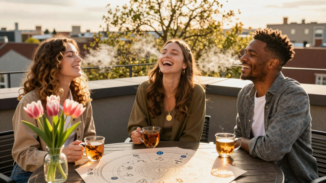 Drei lachende Personen trinken Tee auf einer Terrasse mit Tulpen und Sonnenuntergang im Hintergrund.