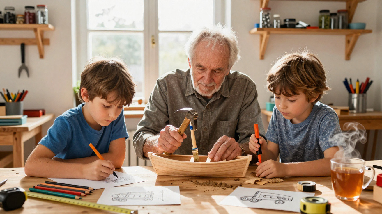Älterer Mann und zwei Jungen bauen und zeichnen gemeinsam ein Holzmodell eines Bootes am Holztisch.