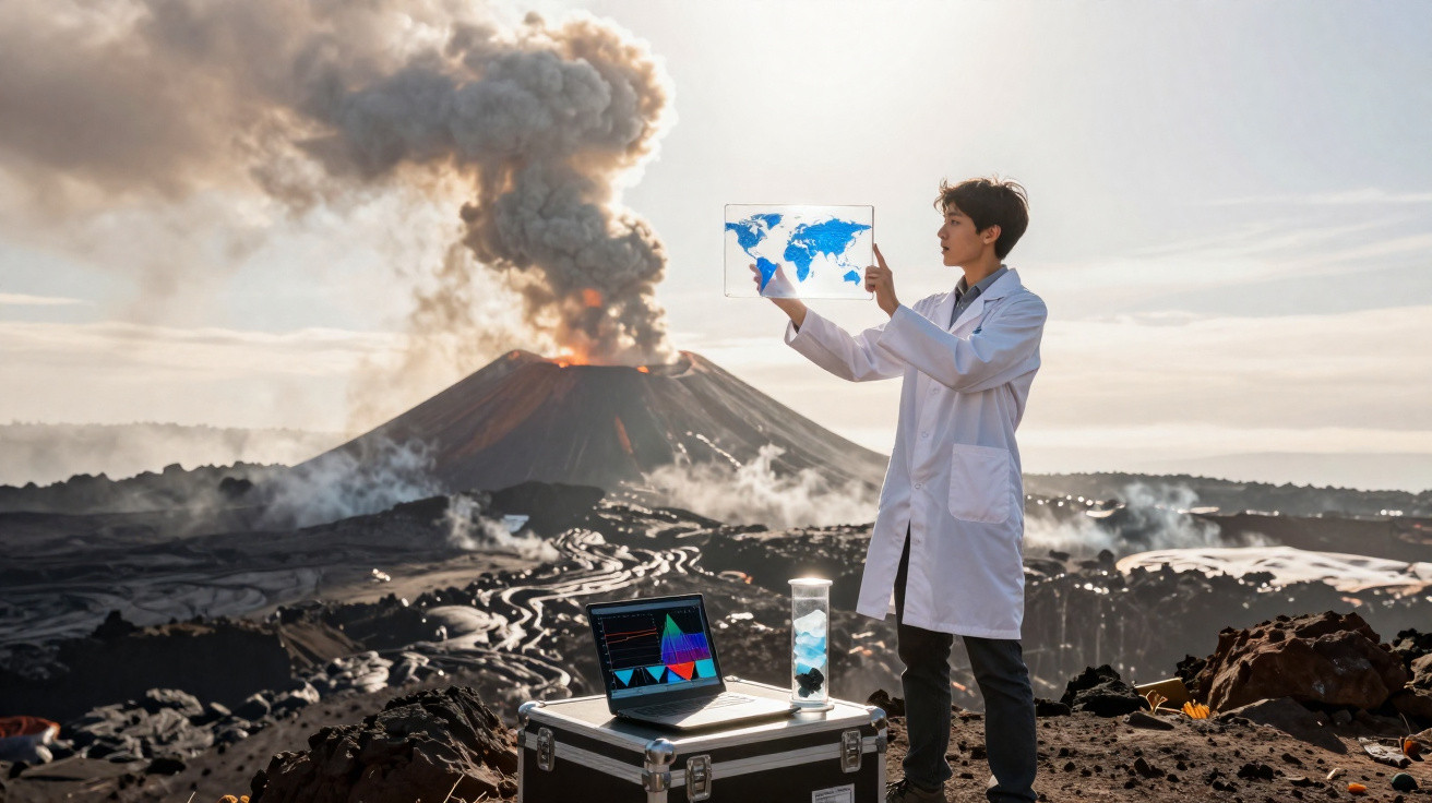 Wissenschaftler vor rauchendem Vulkan, analysiert Weltkarte, Laptop mit Vulkanographiedaten im Vordergrund.