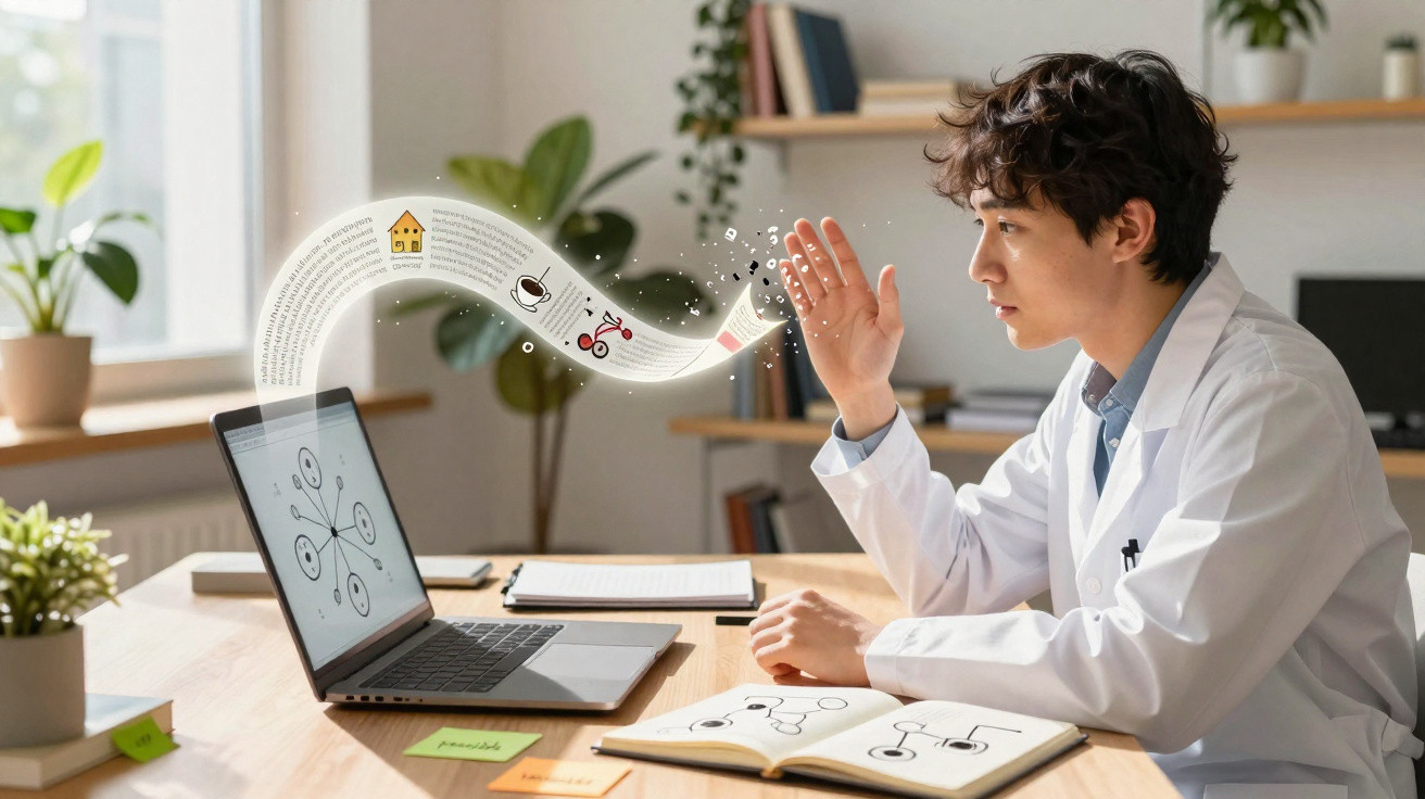 Junger Forscher mit weißem Kittel visualisiert digitale Datenströmung über Laptop in modernem Büro.