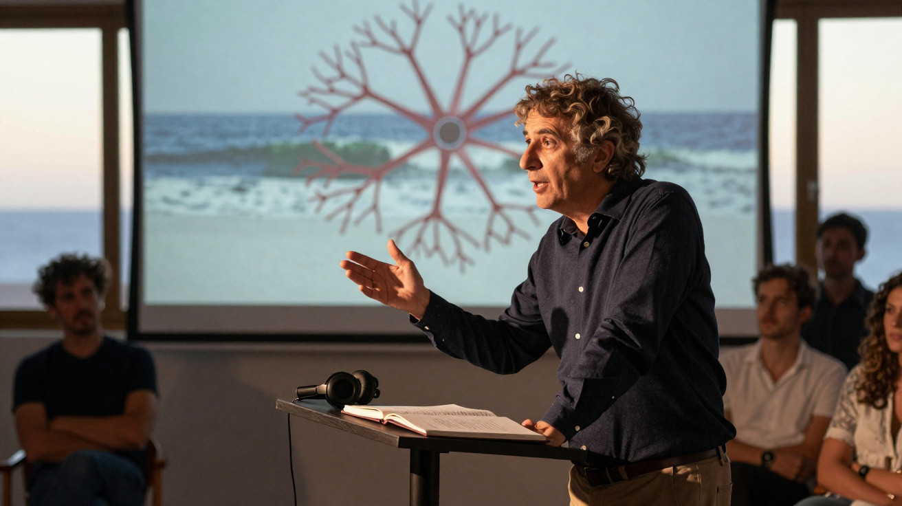 Mann hält Vortrag vor Publikum mit Projektionsbild eines neuronalen Netzes oder Wurzelsystems am Strand.