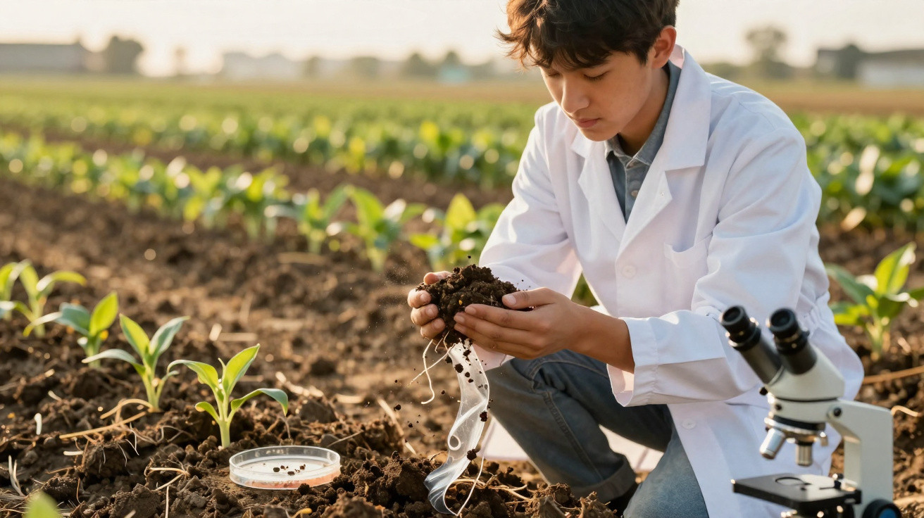 Junger Wissenschaftler im weißen Kittel untersucht Bodenproben auf einem Feld mit Pflanzen neben Mikroskop.