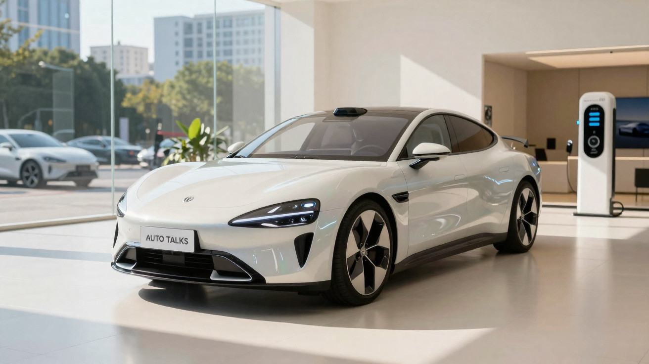 Weißes Elektroauto in einem modernen Showroom neben einer Ladestation, Stadtgebäude im Hintergrund.