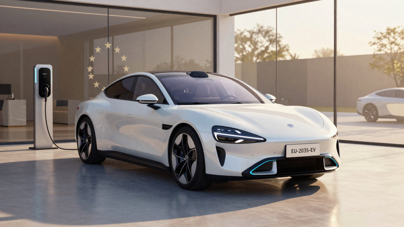 Weißes Elektroauto steht an Ladestation in modernem Raum mit großen Fenstern und weichem Licht.