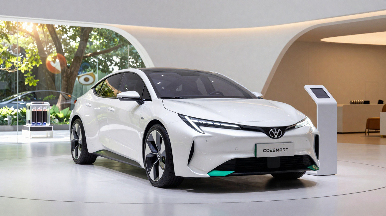 Weißes Elektroauto CO2SMART in modern gestaltetem Ausstellungsraum mit geschwungenen Formen.