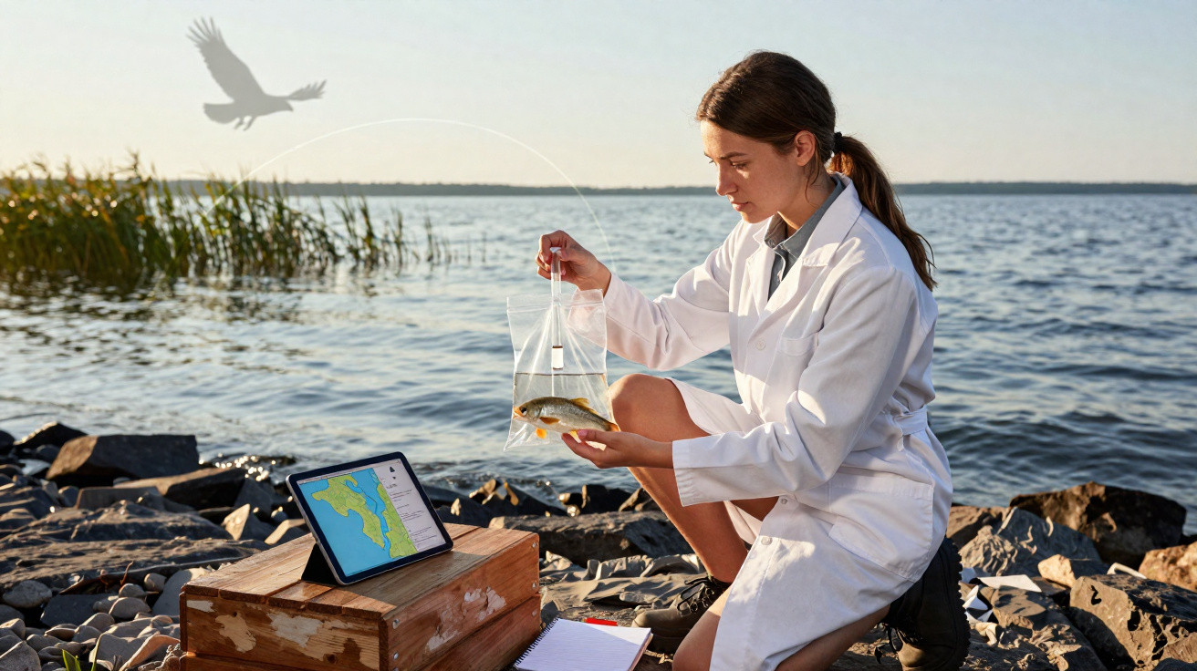 Forscherin im weißen Kittel untersucht Fisch in Wasserbeutel am Ufer mit Tablet und Notizblock.