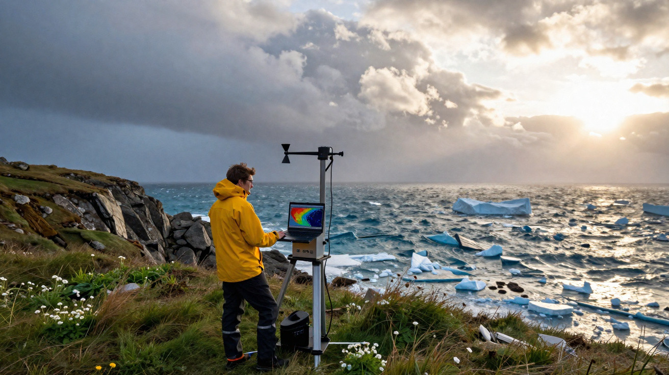 Mann in gelber Jacke misst Wetterdaten an Küste mit Eisbergen und stürmischem Ozean im Hintergrund.