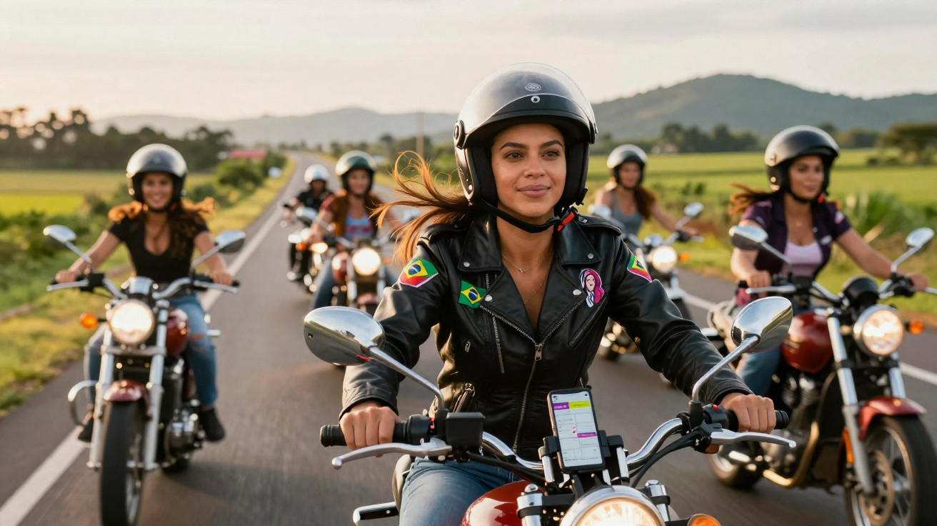 Gruppe junger Frauen fährt auf Motorrädern auf Landstraße mit Helm und Lederjacken bei Tageslicht.