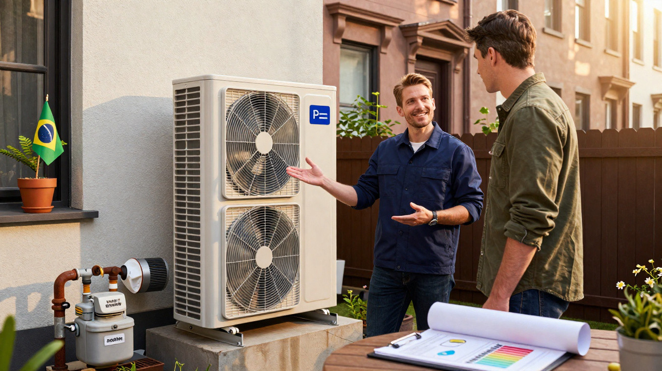 Zwei Männer besprechen eine installierte Klimaanlage im Außenbereich eines Wohnhauses bei Sonnenschein.