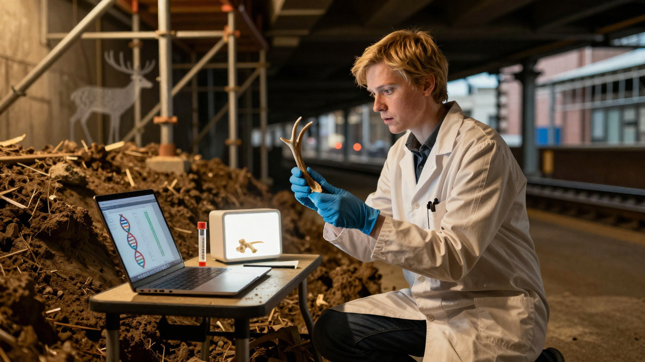 Forscher im weißen Kittel untersucht mit blauen Handschuhen Geweihstücke an einem Ausgrabungsort neben Laptop.