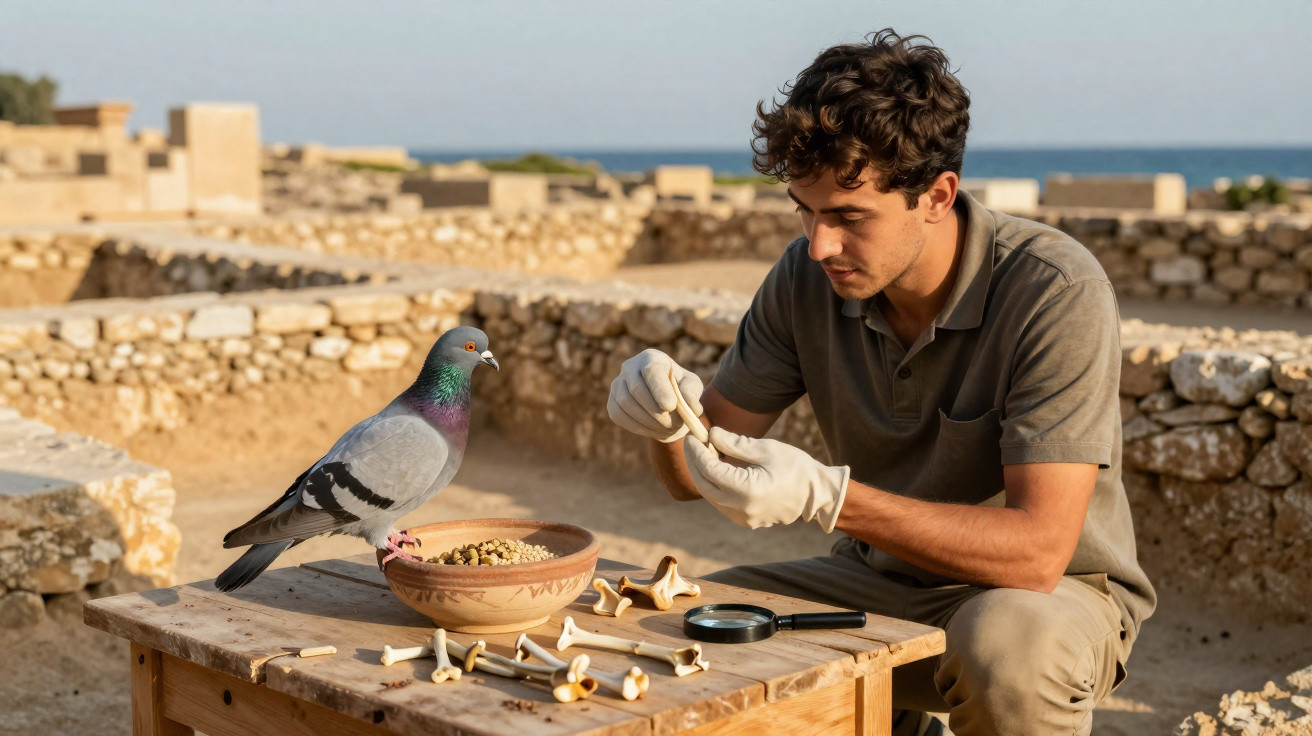 Archäologe untersucht Knochen auf einem Tisch mit Taube und Lupe in einer Ausgrabungsstätte am Meer.