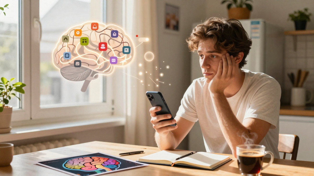 Junger Mann sitzt am Tisch mit Handy, Notizbuch, Kaffee, digitales Gehirn mit Apps schwebt im Raum.