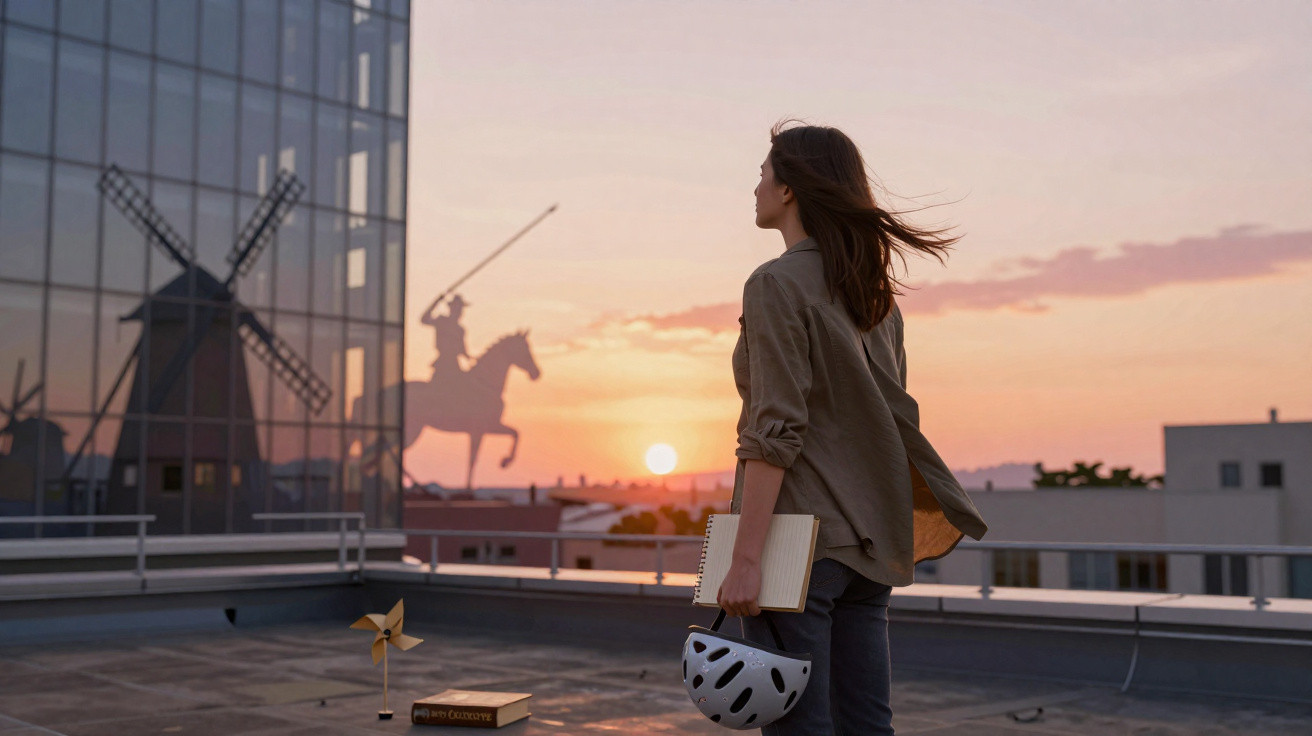 Frau steht auf Dach mit Helm und Buch, Sonnenuntergang spiegelt Don Quijote auf Pferd an Glasfassade.