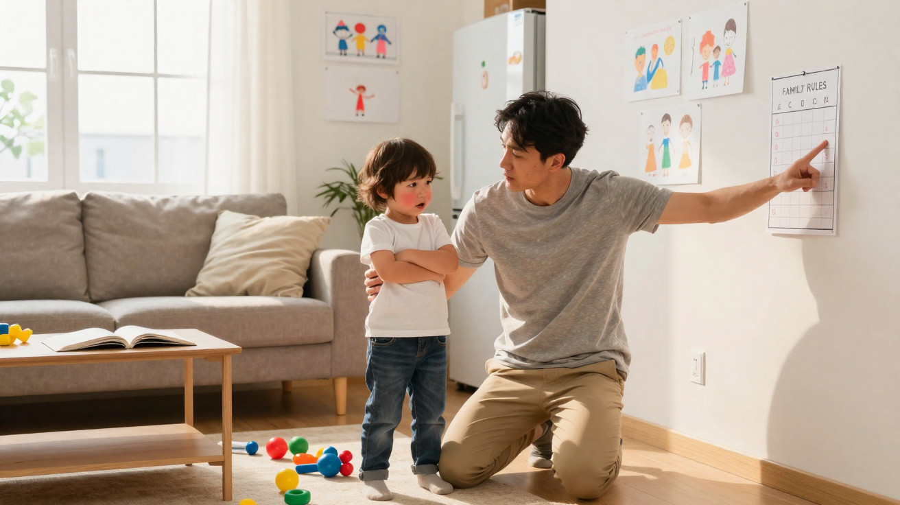 Vater erklärt unzufriedener Sohn Kindesregeln an der Wand in hellem Wohnzimmer mit Spielzeug und Sofa.