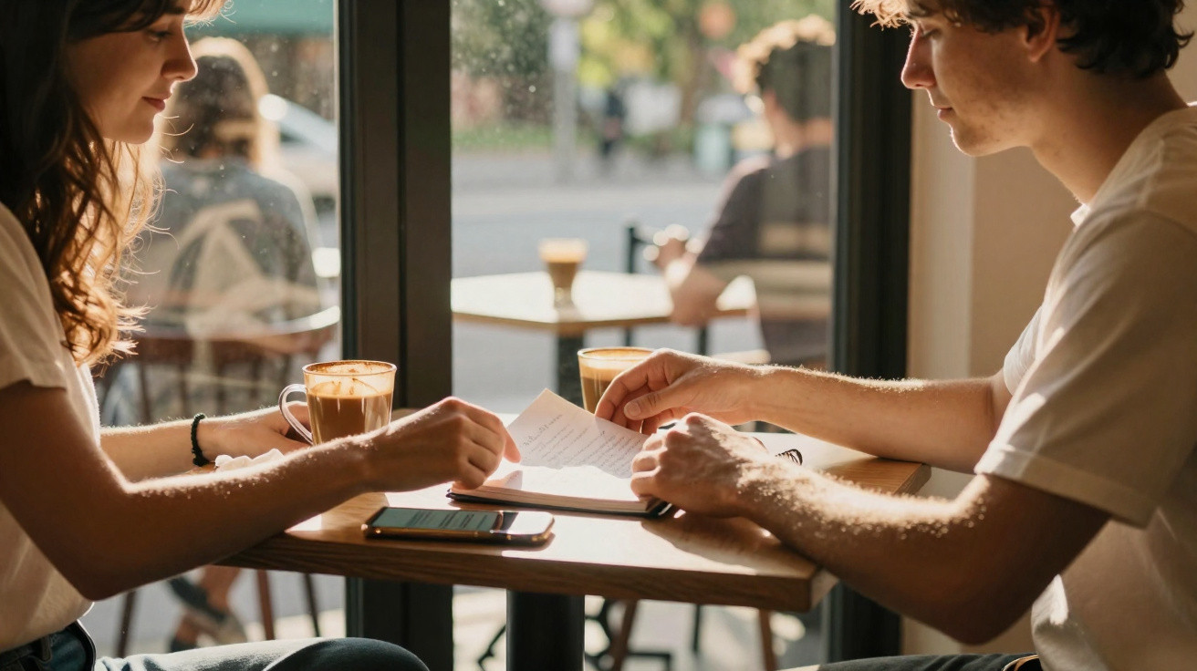 Zwei Personen sitzen in einem Café, lesen Dokumente und trinken Kaffee bei Tageslicht am Fenster.