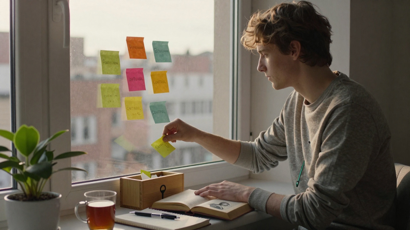 Junger Mann klebt bunte Notizzettel an ein Fenster und arbeitet mit Buch und Tee am Schreibtisch.