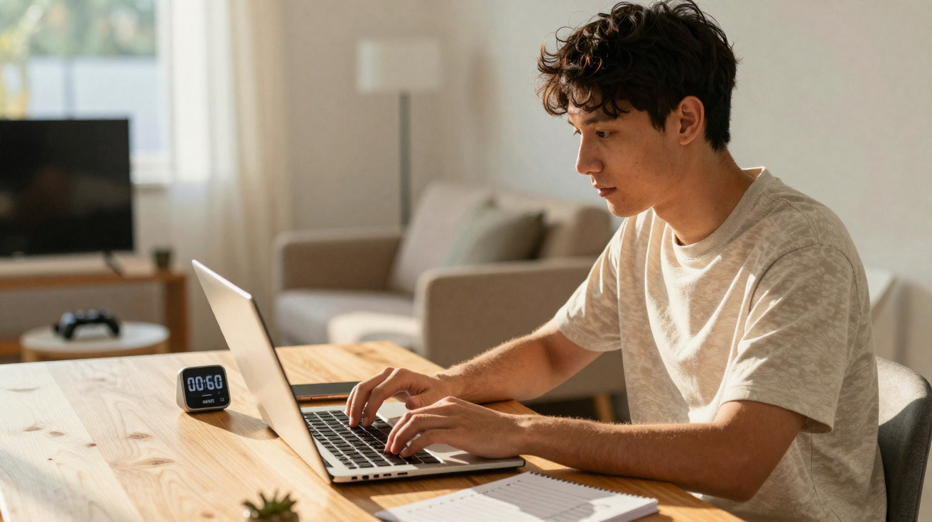 Junger Mann arbeitet konzentriert an Laptop an Holztisch in hellem Wohnzimmer mit Sofa und Fernseher.