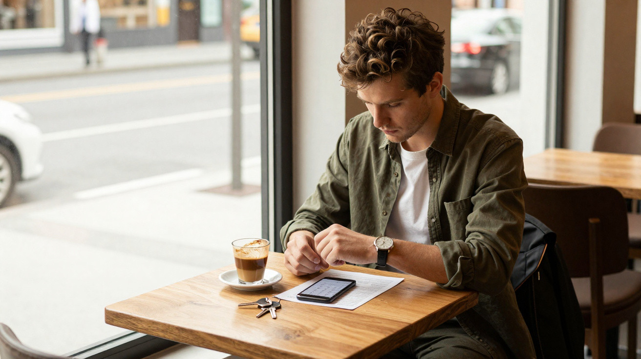Junger Mann sitzt in Café am Fenster, arbeitet am Smartphone und liest Dokument neben Kaffee und Schlüsseln.