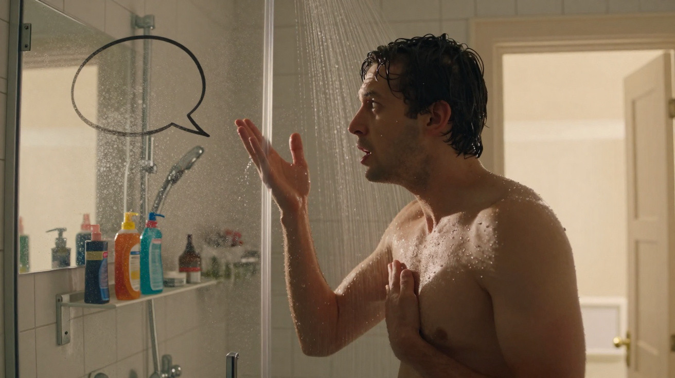 Mann steht unter der Dusche und blickt überrascht auf eine Sprechblase auf dem Spiegel im Badezimmer.