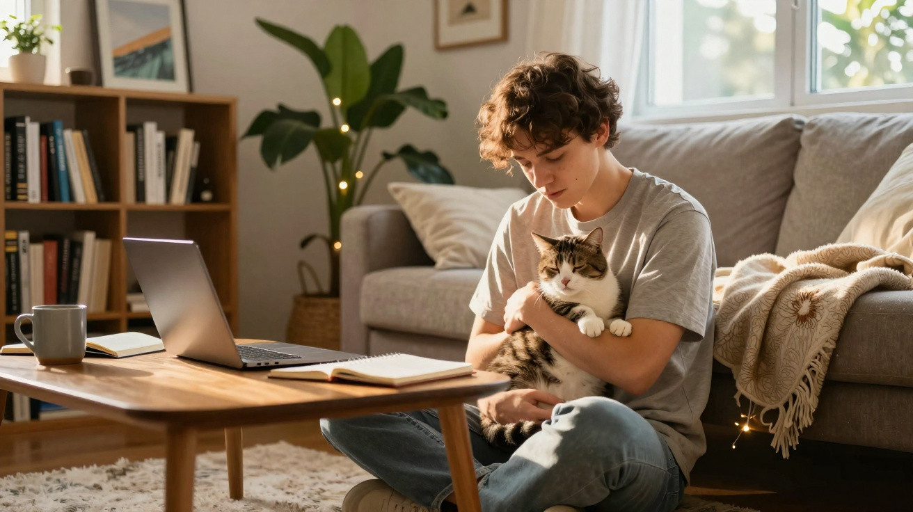 Junge sitzt auf dem Boden im Wohnzimmer und hält liebevoll eine Katze im Arm.