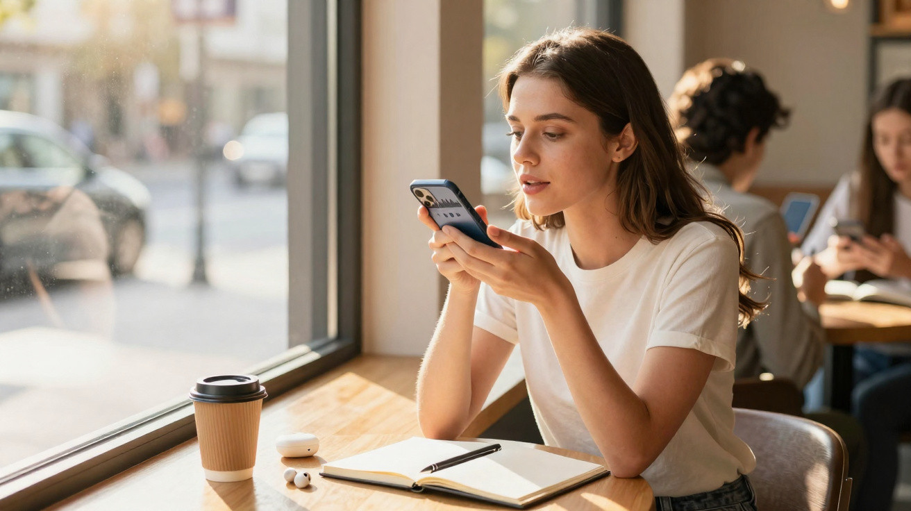 Junge Frau sitzt am Fenster mit Smartphone, Notizbuch, Stift, Kopfhörern und Kaffee to go im Café.