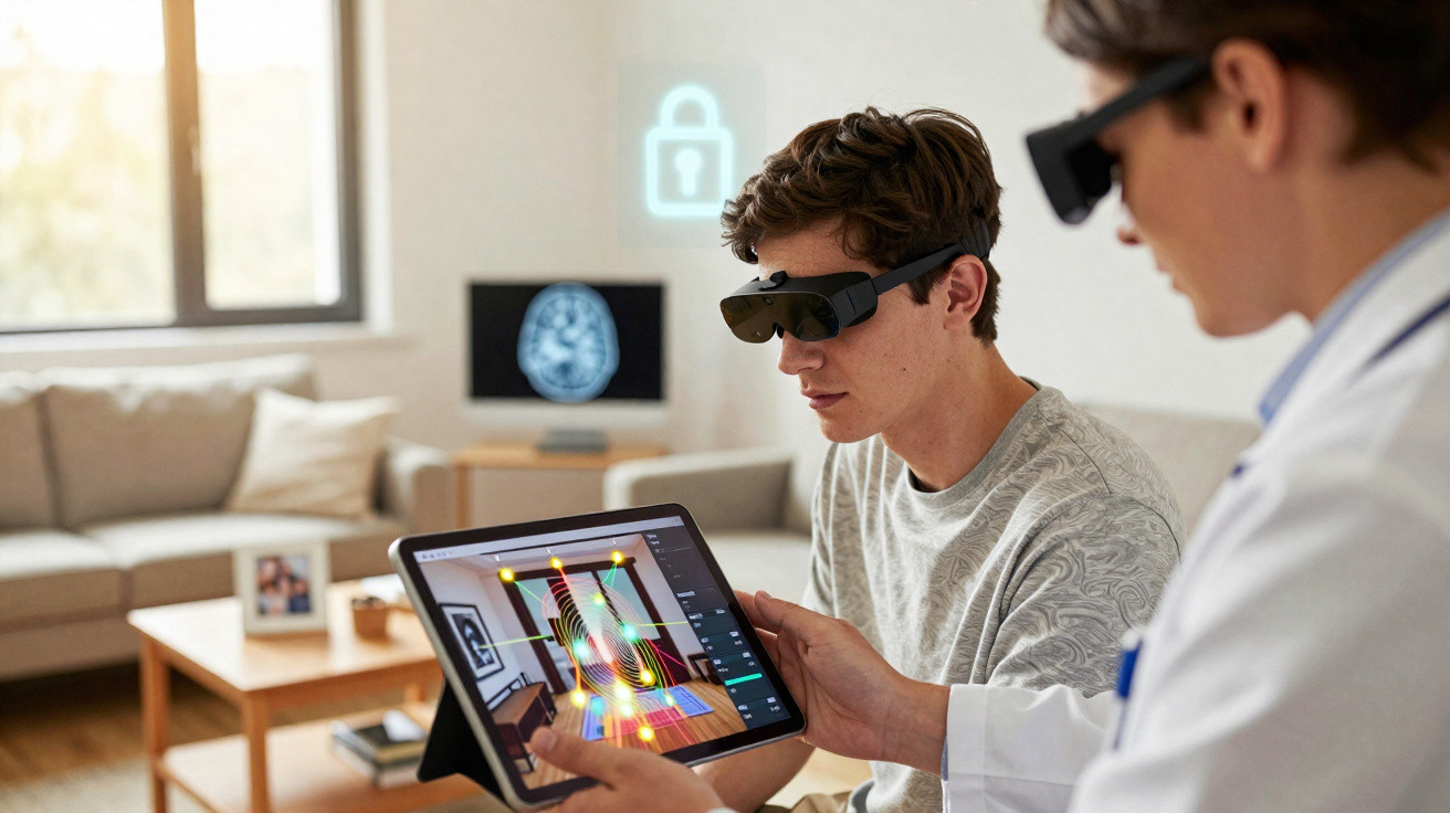 Zwei Männer mit AR-Brillen analysieren digitale Daten auf einem Tablet in einem modernen Wohnzimmer.