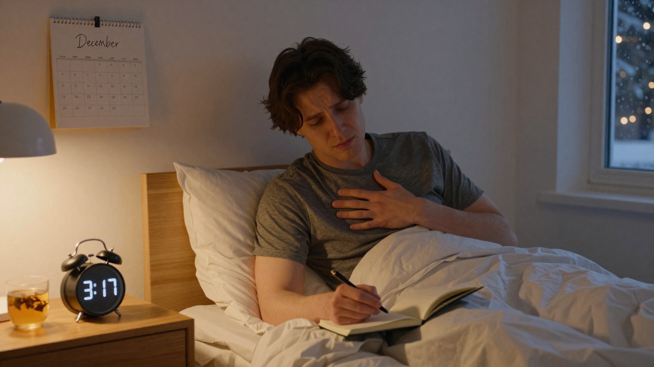Junger Mann liegt nachts im Bett, schreibt in Notizbuch und hält Hand auf Brust, neben Wecker und Getränk.