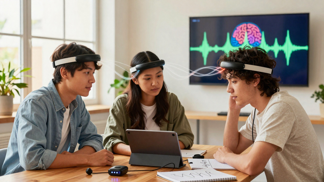 Drei junge Menschen mit Gehirn-Scanner-Headsets sitzen an einem Tisch und arbeiten mit einem Tablet.