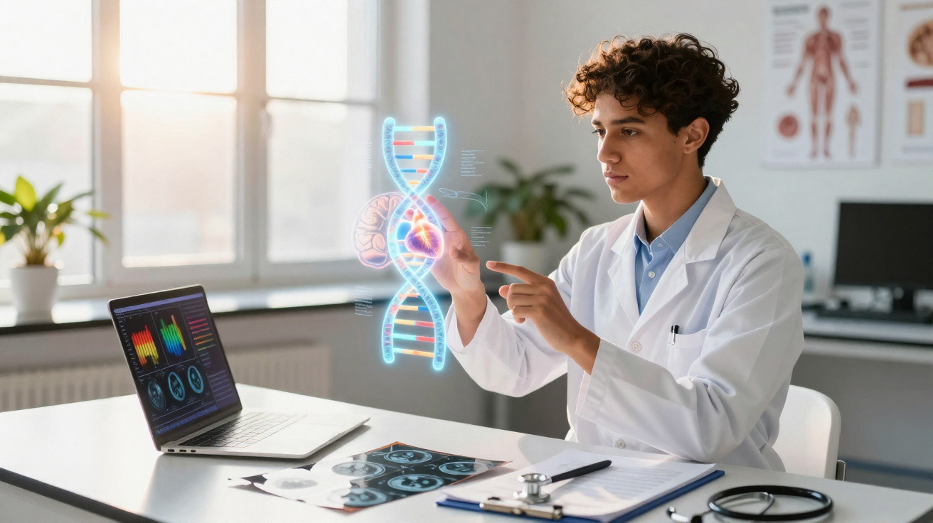 Junger Arzt im Labor untersucht virtuellen DNA-Strang mit Herz- und Organillustrationen am Schreibtisch.