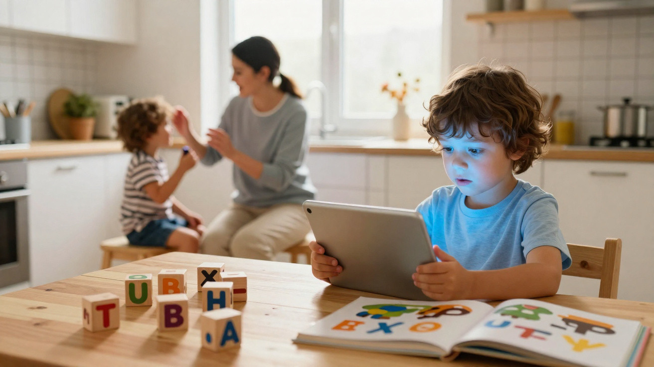Kleiner Junge nutzt Tablet am Tisch, im Hintergrund Mutter pflegt Kind in heller Küche.