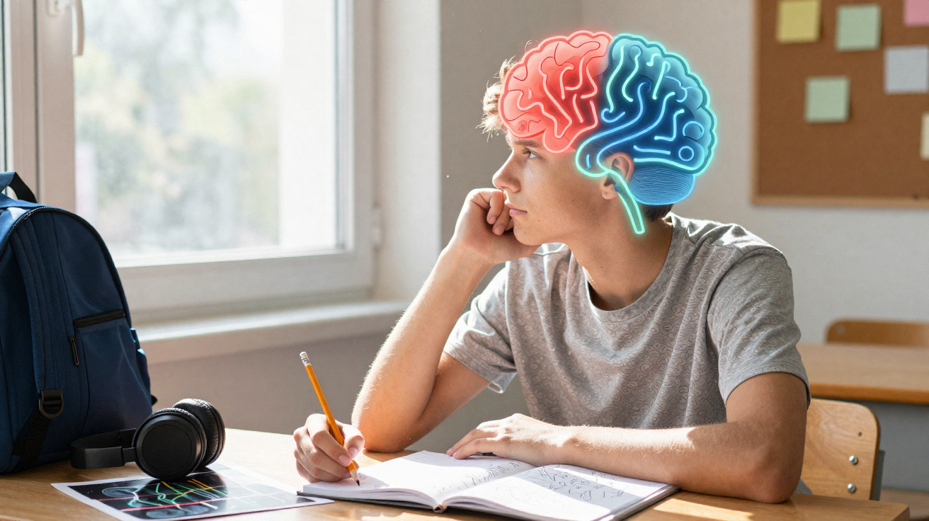 Jugendlicher sitzt nachdenklich am Schreibtisch mit Notizbuch, Gehirnillustration geöffnet, innenrot und außenblau leuchtend.