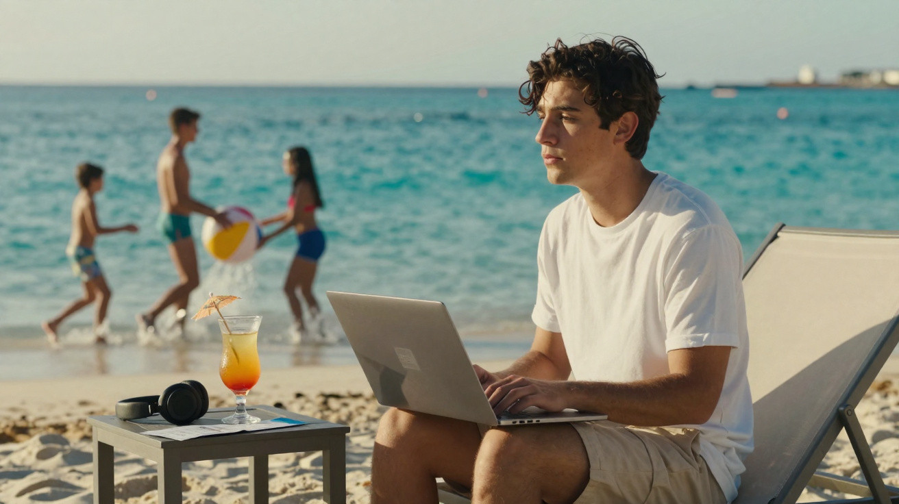 Junger Mann arbeitet am Strand auf Laptop, daneben Getränk und Kopfhörer auf kleinem Tisch.
