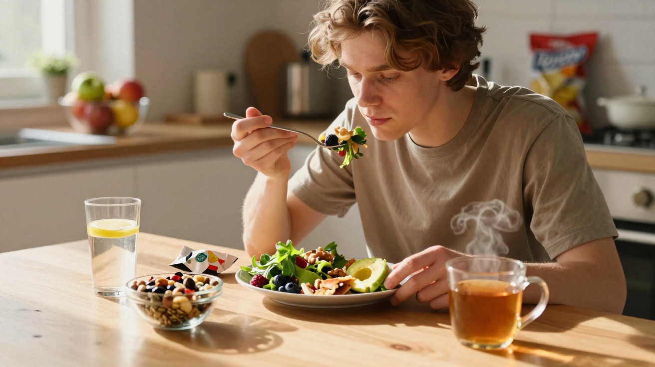 Junger Mann isst Salat mit Avocado in heller Küche, dazu Tee und Wasser mit Zitrone auf Holztisch.