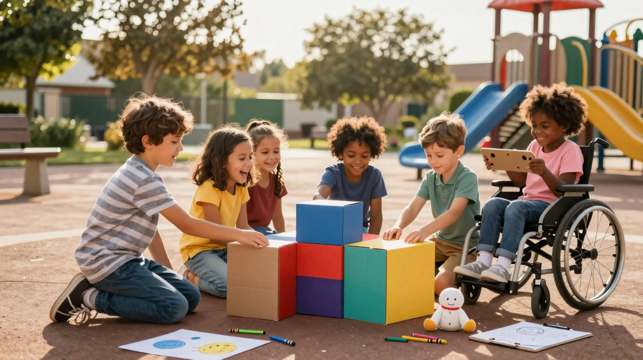 Sechs Kinder unterschiedlicher Herkunft spielen gemeinsam mit bunten Bauklötzen und Tablets auf einem Spielplatz.