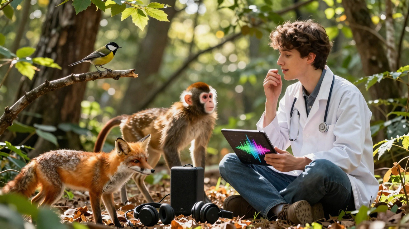 Junger Wissenschaftler im Wald mit Fuchs, Affe, Vogel und Audio-Geräten sitzend auf Laubboden.