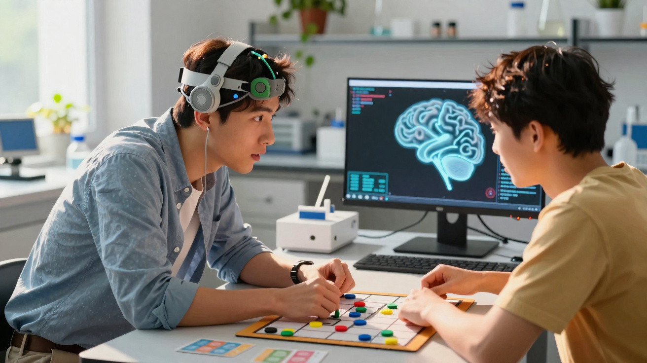 Zwei junge Männer spielen ein Strategie-Brettspiel, einer trägt ein EEG-Hirnleistungsgerät, Computer mit Gehirnabbild im Hint