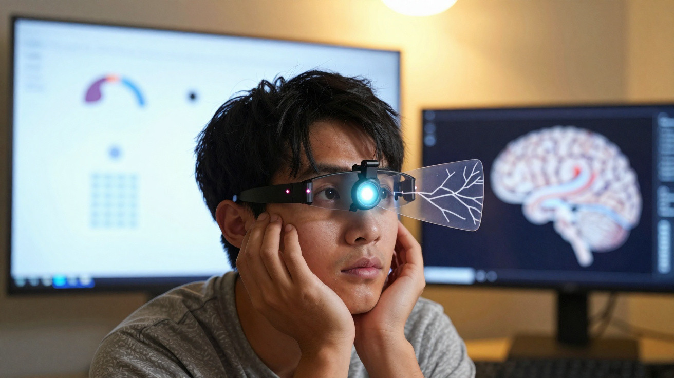 Mann trägt futuristische Datenbrille vor zwei Bildschirmen mit Hirn- und Datendiagrammen im Hintergrund.