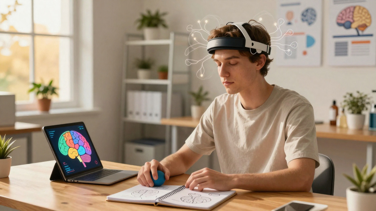 Junger Mann trägt EEG-Headset, analysiert Gehirndaten auf Laptop, arbeitet konzentriert an Notizen im Hellraum.