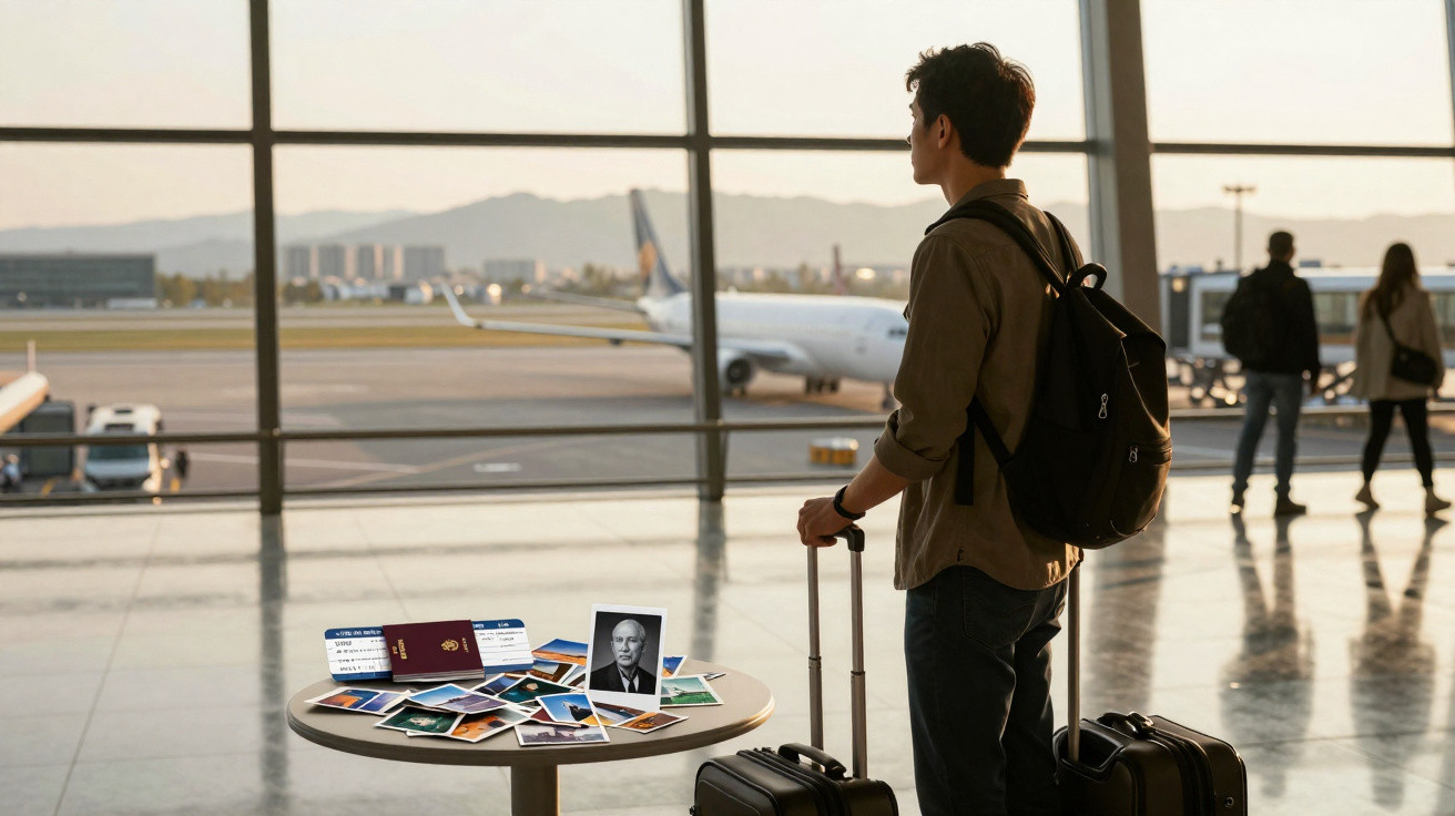 Mann mit Koffern steht im Flughafen und blickt auf Flugzeuge, Tisch mit Fotos, Reisepass und Bordkarten.