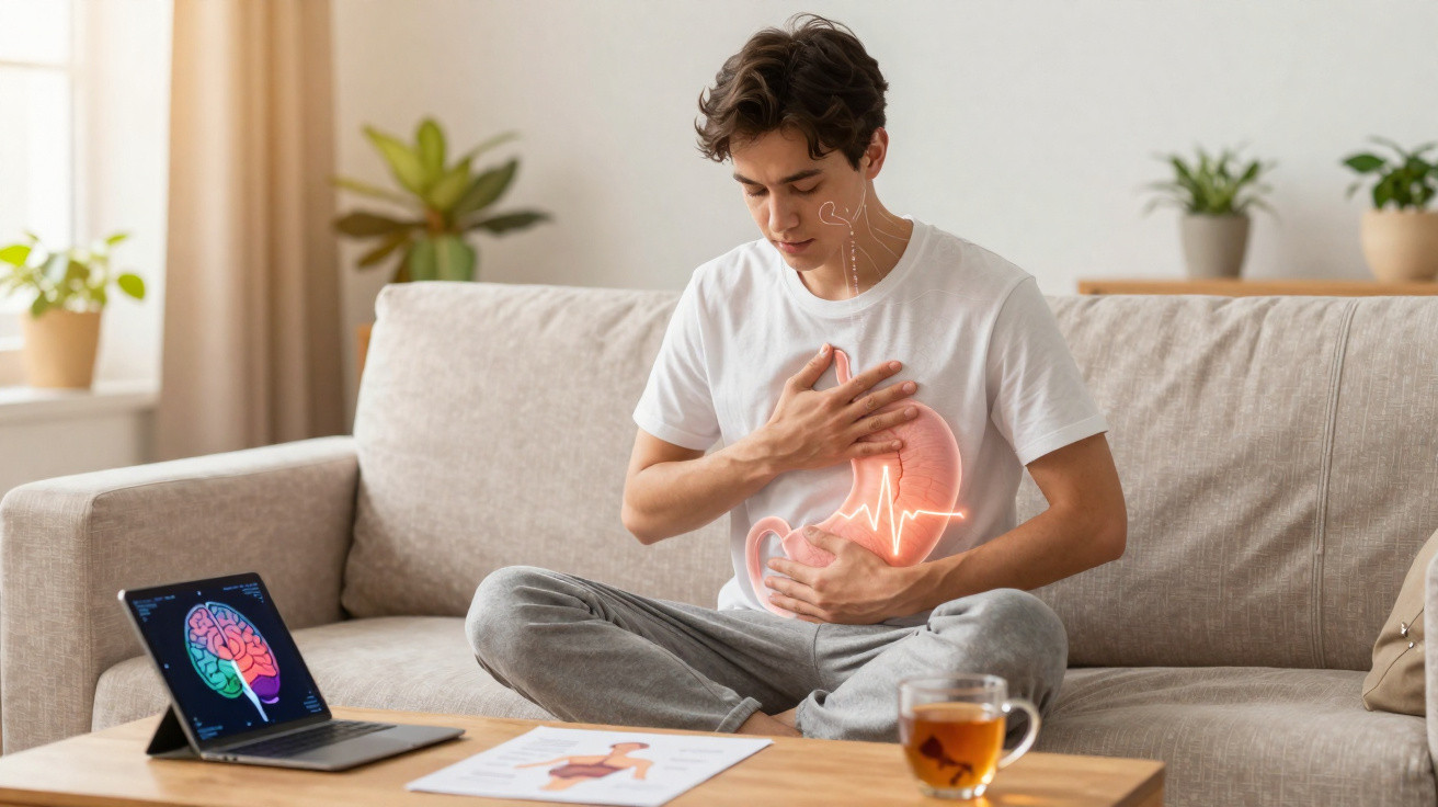 Junger Mann auf Sofa hält Hand an Brust und Bauch, animierte Darstellung von Herz und Magen, Laptop mit Gehirnscan.
