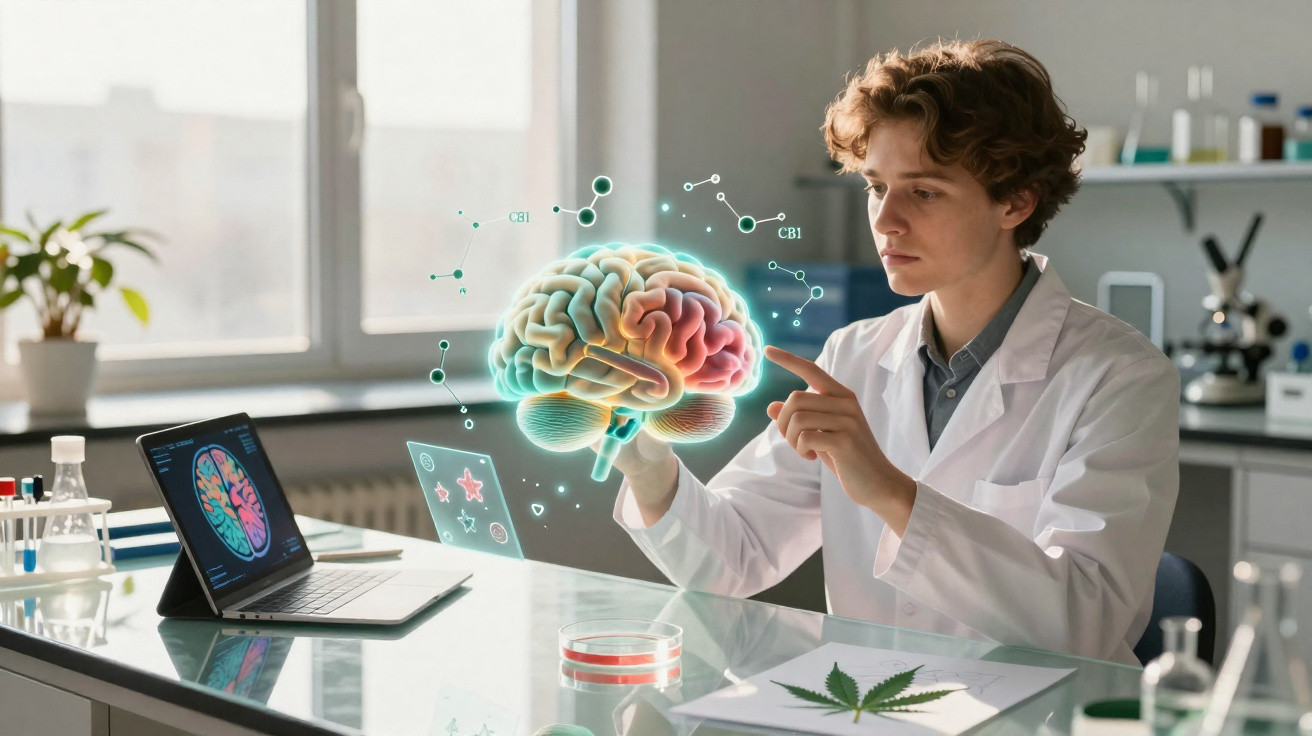 Junge Wissenschaftlerin im Labor untersucht digitale Darstellung des menschlichen Gehirns mit medizinischer Ausrüstung.