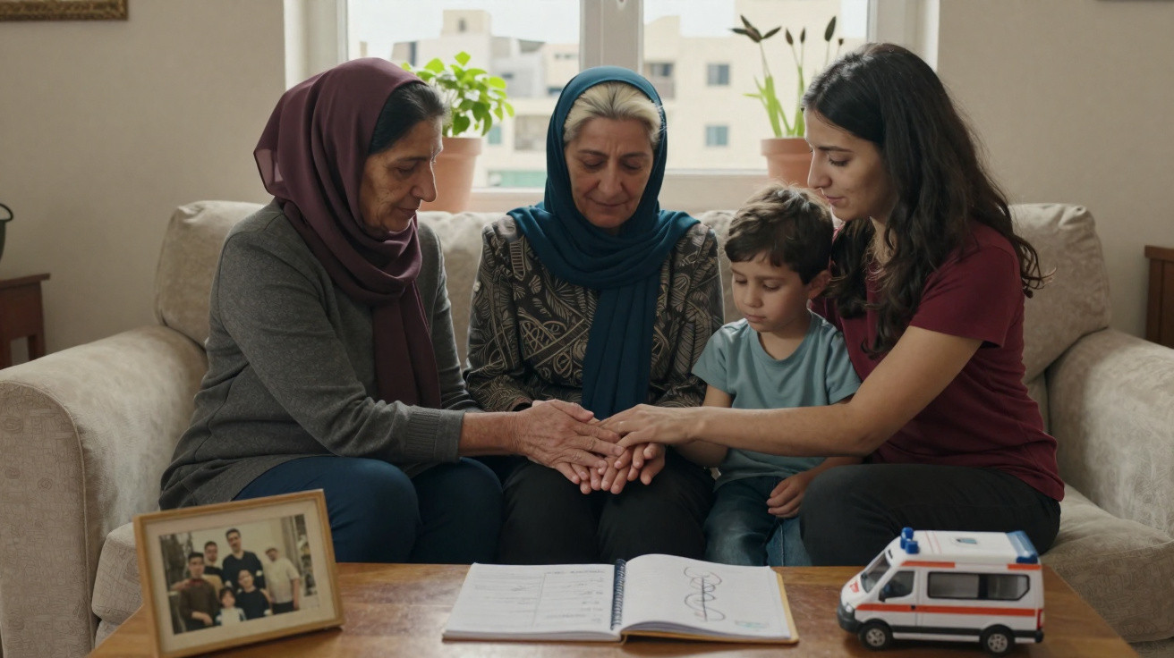 Vier Generationen einer Familie sitzen auf dem Sofa und halten sich tröstend an den Händen.