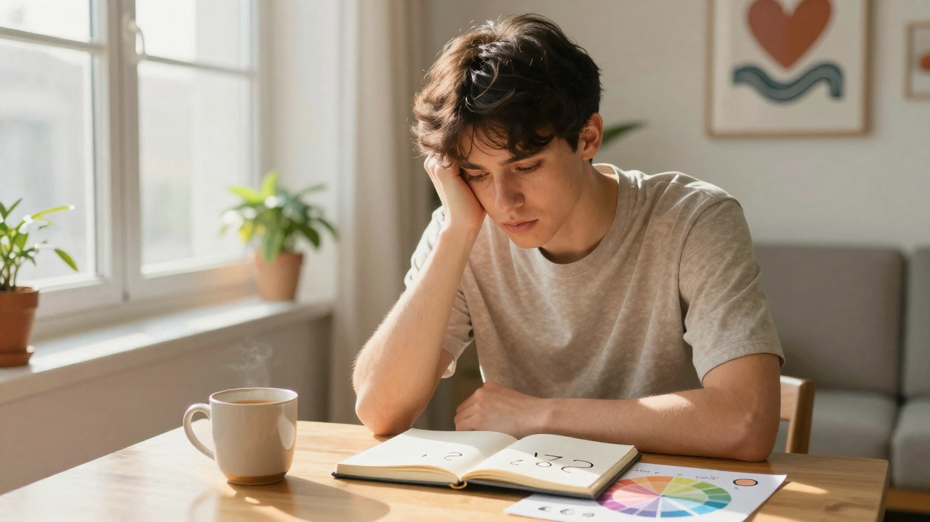 Junger Mann sitzt am Tisch, liest in Notizbuch, daneben dampfende Tasse und Farbkreis auf Papier.