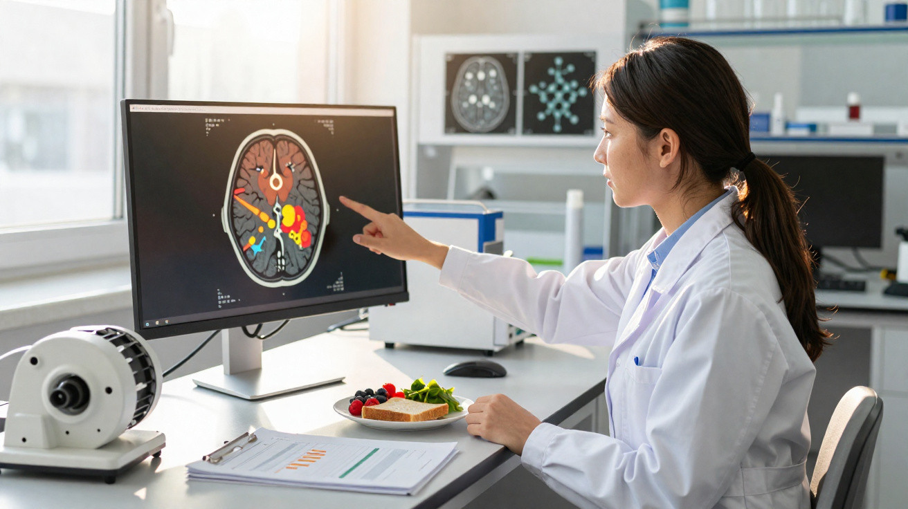 Ärztin analysiert Gehirnscans auf Computerbildschirm in hellem Labor mit gesundem Snack auf Tisch.