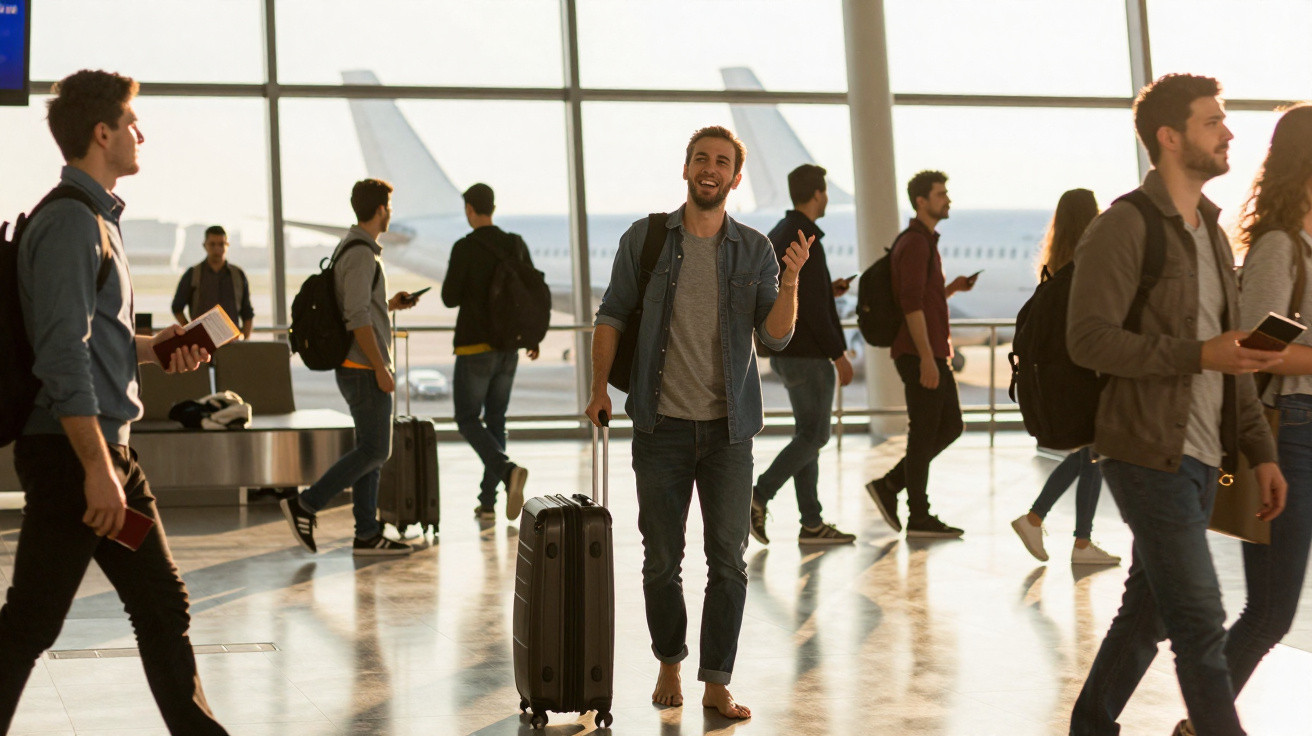 Menschen mit Gepäck gehen und stehen in einem hellen Flughafen-Terminal vor großen Fenstern mit Flugzeugen draußen.