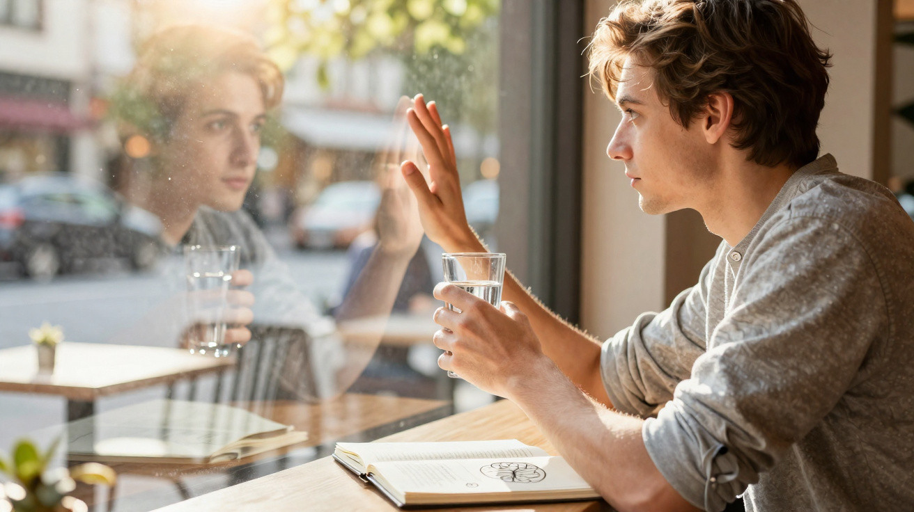 Junger Mann sitzt mit Glas Wasser und Buch am Fenster und schaut nachdenklich nach draußen.