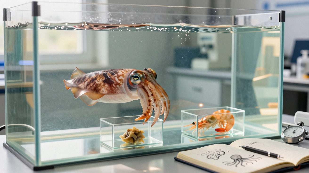 Aquarium mit einem Tintenfisch und einem Modell, daneben ein Skizzenbuch mit Tintenfischzeichnungen in einem Labor.