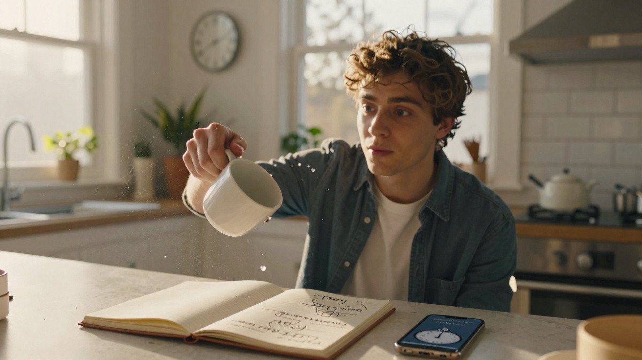 Junger Mann gießt Milch in ein Buch auf einem Küchentisch, daneben liegt ein Handy mit Wecker-App.